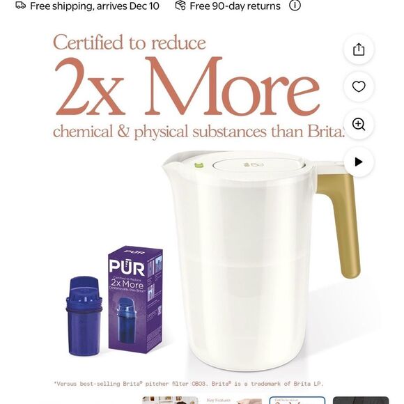 Beautiful x PUR White Pitcher and Gold Handle 12 cup w/ 3 PUR filters - Picture 2 of 7